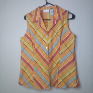 Liz Claiborne Blouse Top Women 10 Sleeveless Plaid Button Up Orange Red Green